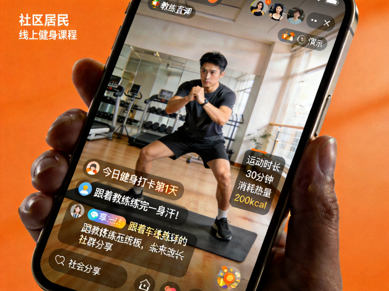 社区居民通过手机APP参与线上健身课程直播，并在社群内分享打卡记录的截图画面