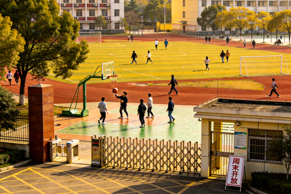 学校体育场馆在周末向社会开放，市民在标准田径场和篮球场上进行锻炼