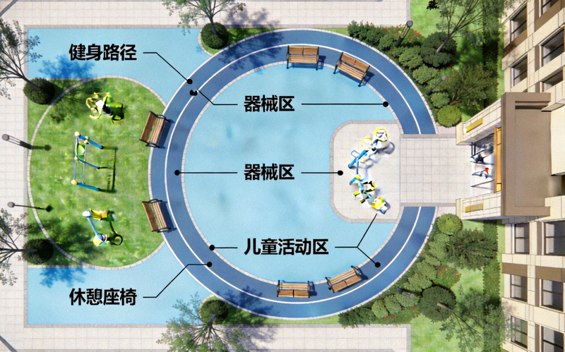 规划合理的社区体育设施布局图，展示健身路径、器械区、儿童活动区及休憩座椅的分布