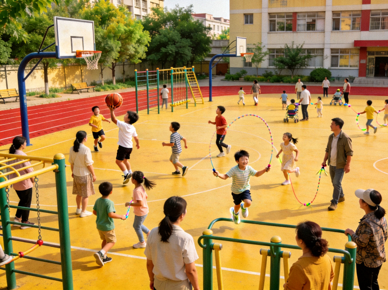 学校体育设施在周末向社区居民开放，孩子们和家长们一起在操场运动