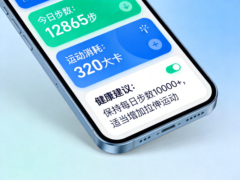 智能手机应用程序界面展示个人每日步数、运动消耗和健康建议
