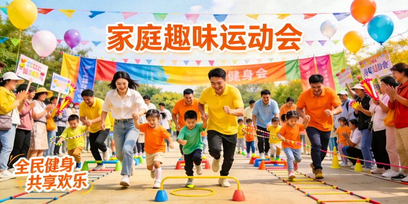 节假日期间举办的全民健身赛事活动现场，家庭组队参与趣味运动项目，气氛热烈
