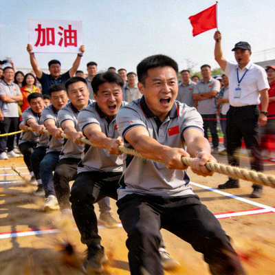 企业职工运动会拔河比赛现场，队员们齐心协力，气氛热烈