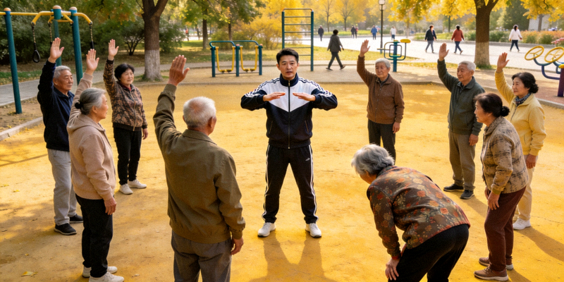 社会体育指导员在公园指导中老年人进行科学健身操练习