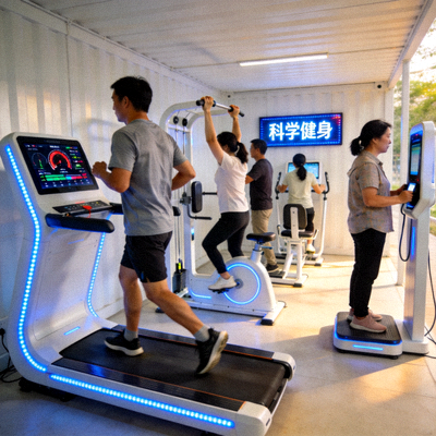 市民在社区智慧健身方舱内，利用智能设备进行科学锻炼