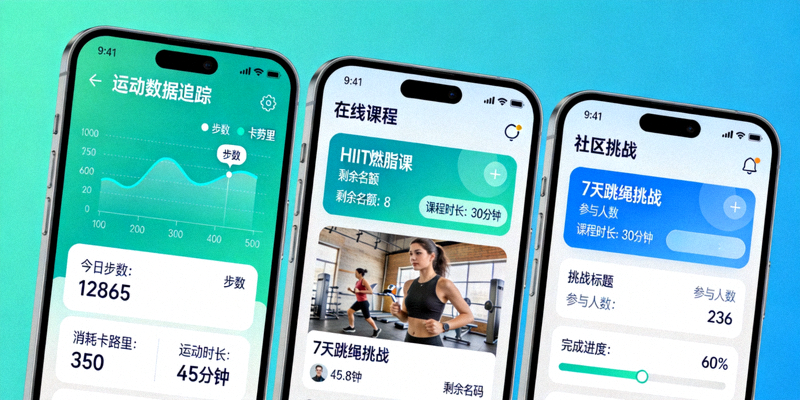 智慧健身平台手机应用界面截图，展示运动数据追踪、在线课程和社区挑战功能