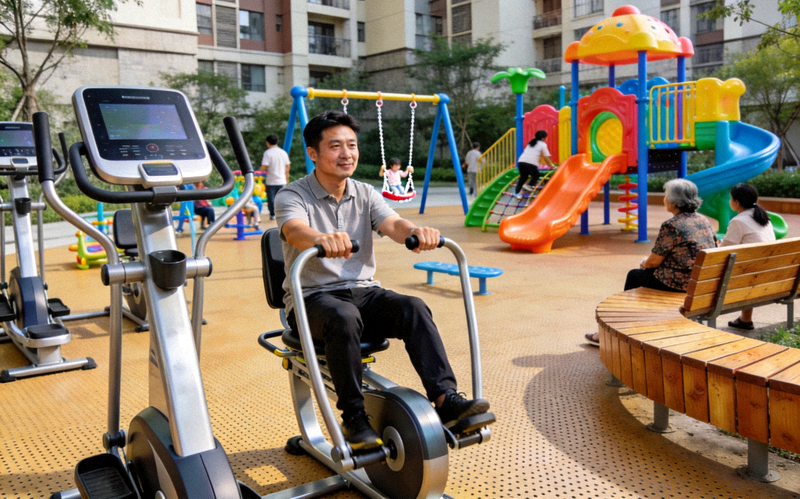 现代化的社区健身区域实景，包含智能健身器材、儿童游乐设施和休憩座椅，居民正在锻炼