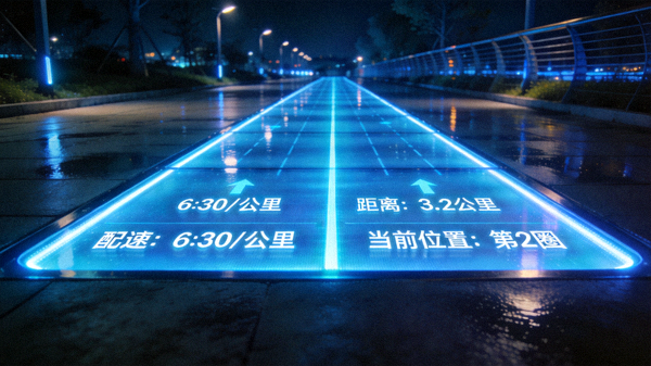 夜晚的智能跑步道，地面嵌入LED灯带显示运动数据和虚拟赛道