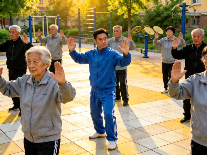 社会体育指导员在社区广场耐心指导一群老年人练习太极拳，动作整齐划一