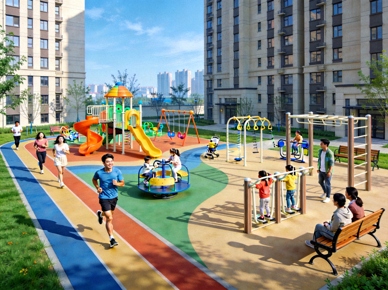 现代化社区健身公园全景，包含彩色健身路径、儿童游乐区、成人健身器材区和休闲座椅，居民正在愉快锻炼