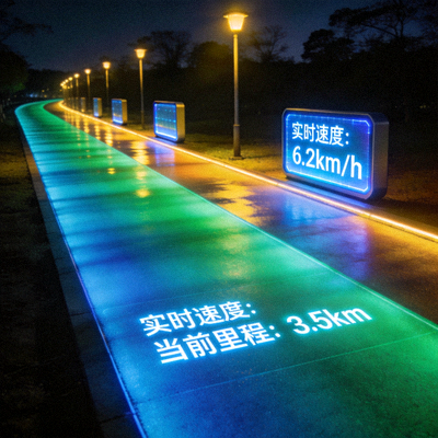 夜间发光的智能跑步道，沿途设有屏幕显示跑步者的实时速度和里程