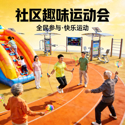 智慧体育公园内举办的社区趣味运动会场景，各年龄层居民共同参与