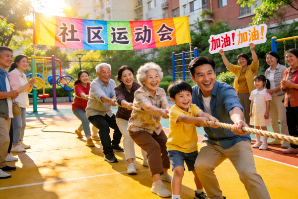 热闹的社区运动会现场，不同年龄段的居民参与拔河比赛的欢乐场景
