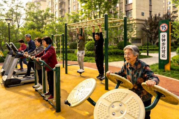 社区居民在步行15分钟可达的社区健身苑点使用各类健身器材进行锻炼