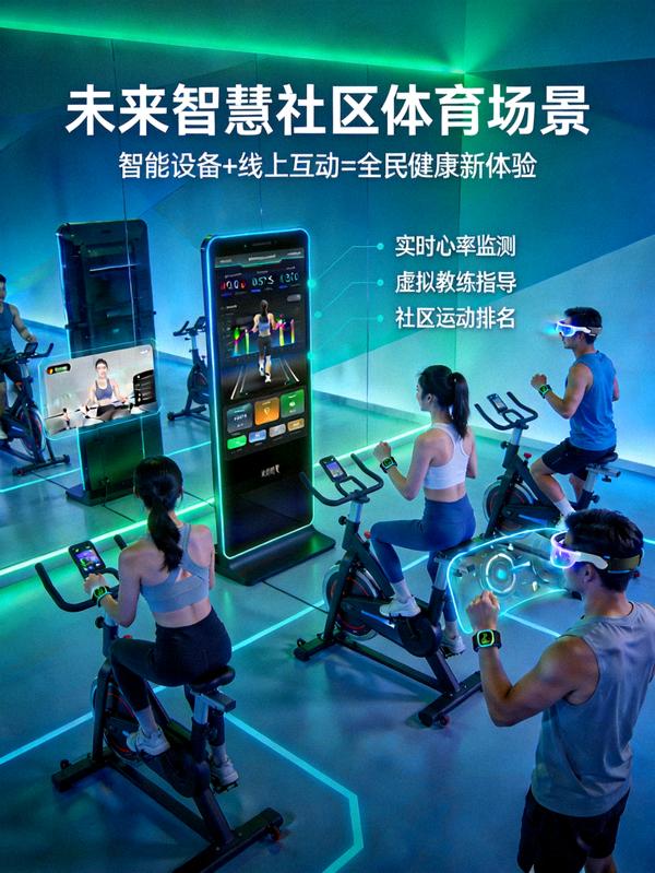 未来智慧社区体育场景构想图，展示居民使用智能设备进行锻炼并与线上社区互动