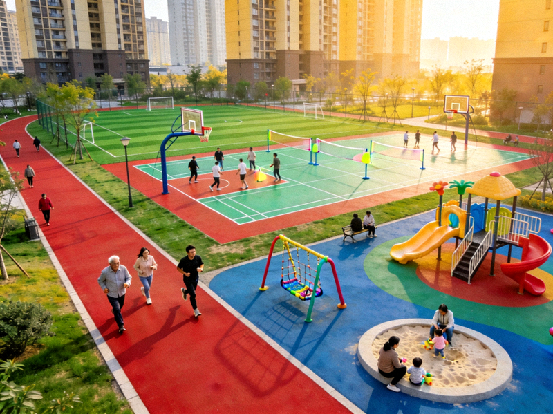 现代化社区体育公园全景，包含健身步道、多功能球场和儿童游乐区，居民正在其中锻炼