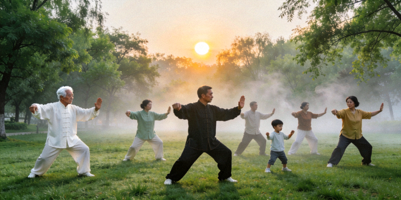 清晨公园里不同年龄的人们一起练习太极拳，体现体育带来的健康与快乐