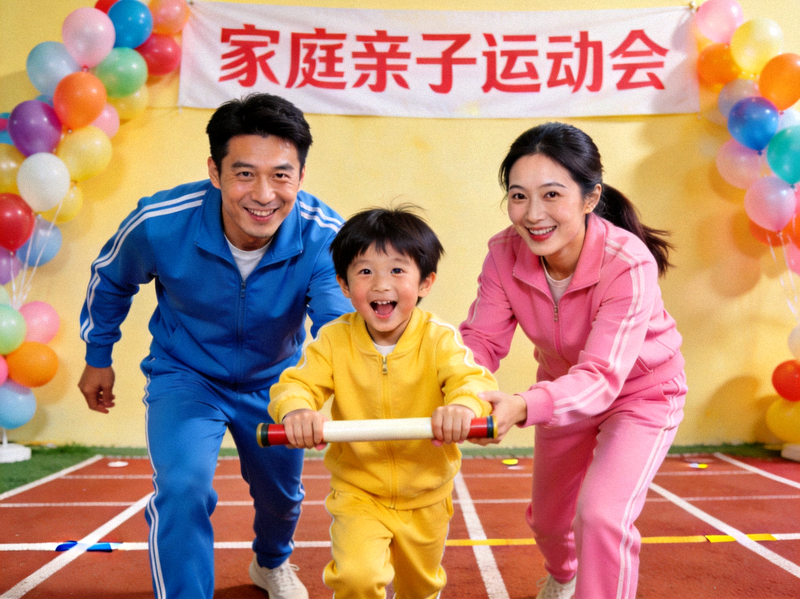 家庭亲子运动会上，父母与孩子共同参与趣味接力赛