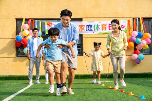 家庭体育日活动，父母与孩子一起参与趣味运动比赛，笑容灿烂