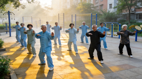 清晨社区广场上，中老年居民整齐列队练习太极拳，动作舒缓而有力