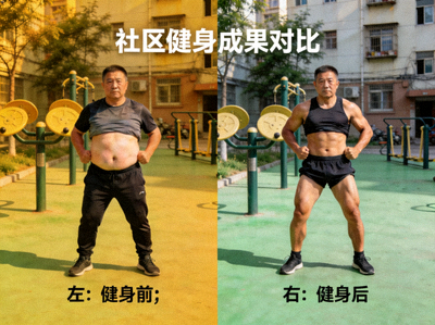 社区居民通过坚持健身成功改善体态，展示健康活力的对比照片