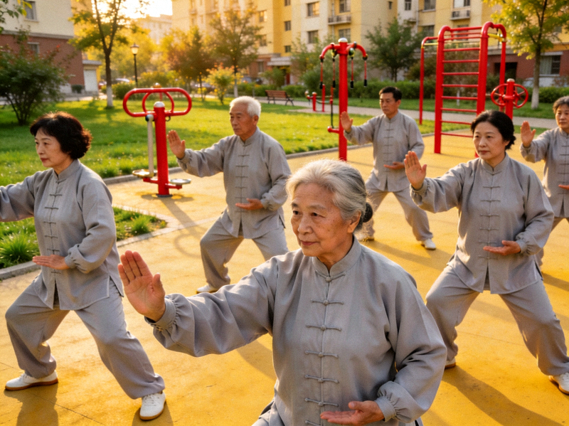 社区居民在公园集体练习太极拳，动作整齐划一