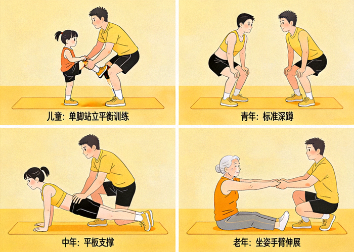 专业健身教练为不同年龄段人群演示科学健身动作要领