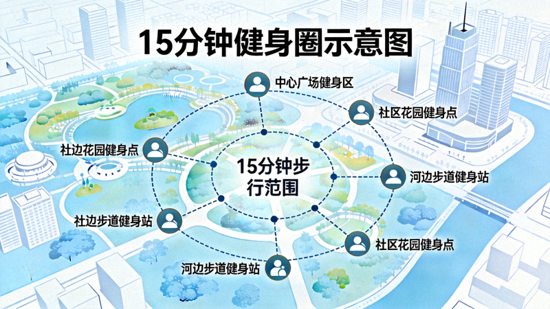 城市公园中规划的15分钟健身圈示意图，展示环绕社区的多个健身点