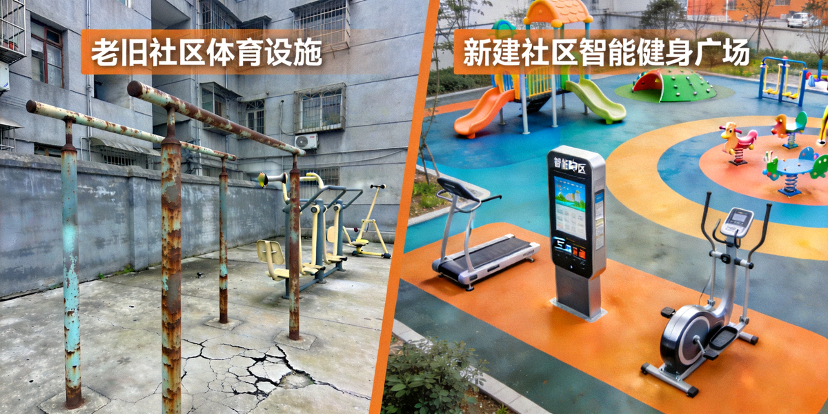 新旧社区体育设施对比图：左侧为设施陈旧、种类单一的老旧小区健身区，右侧为设施新颖、功能齐全的新建社区智能健身广场
