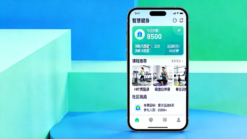 智能手机屏幕上显示智慧健身应用界面，包含运动数据、课程推荐和社区挑战