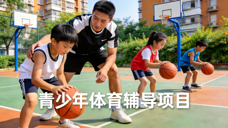 青少年体育辅导项目，专业教练指导社区儿童进行篮球基础训练