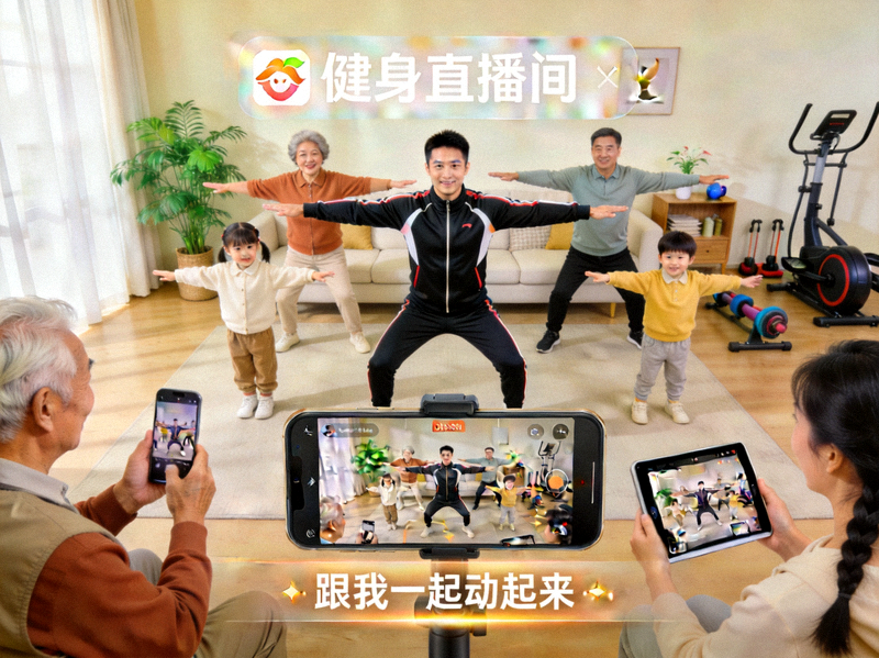 社会体育指导员通过线上直播平台带领多个家庭的成员一起进行居家健身锻炼