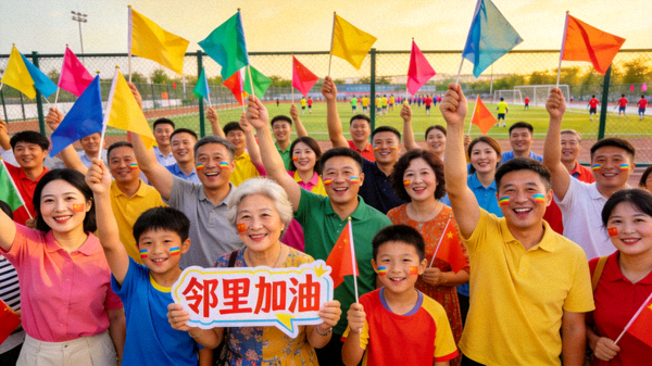 社区居民在赛场边为邻里球队加油助威，挥舞旗帜、热情洋溢的团结场景