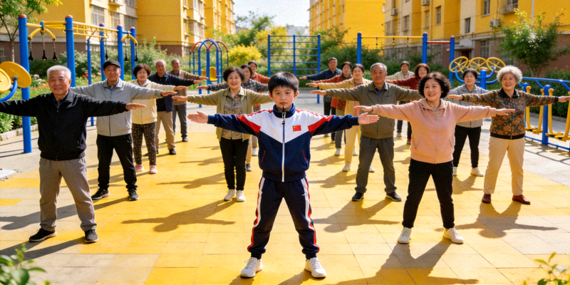 青少年体育小教练在社区广场带领居民进行健身操锻炼