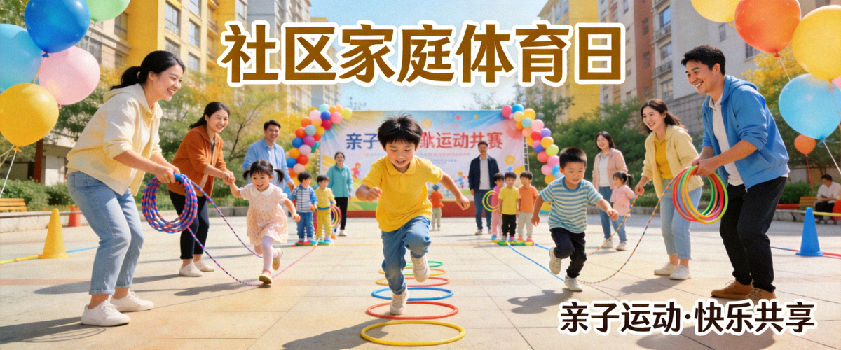 社区家庭体育日活动，父母与孩子一同参与趣味运动比赛