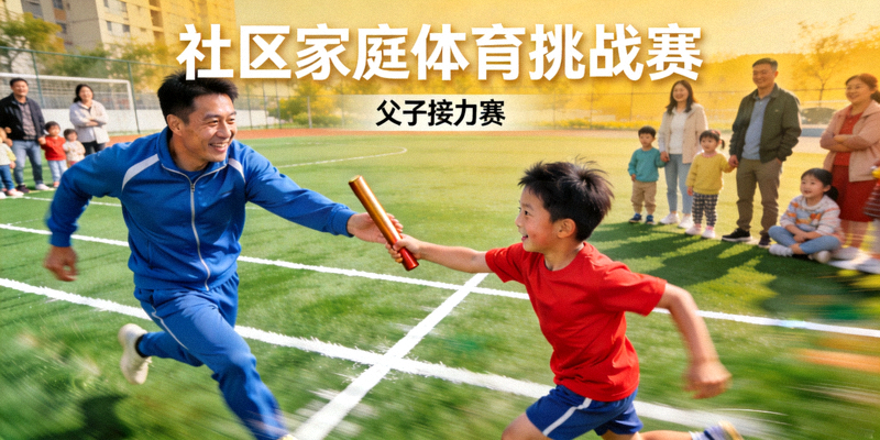 社区组织的家庭体育挑战赛，父子搭档进行接力比赛