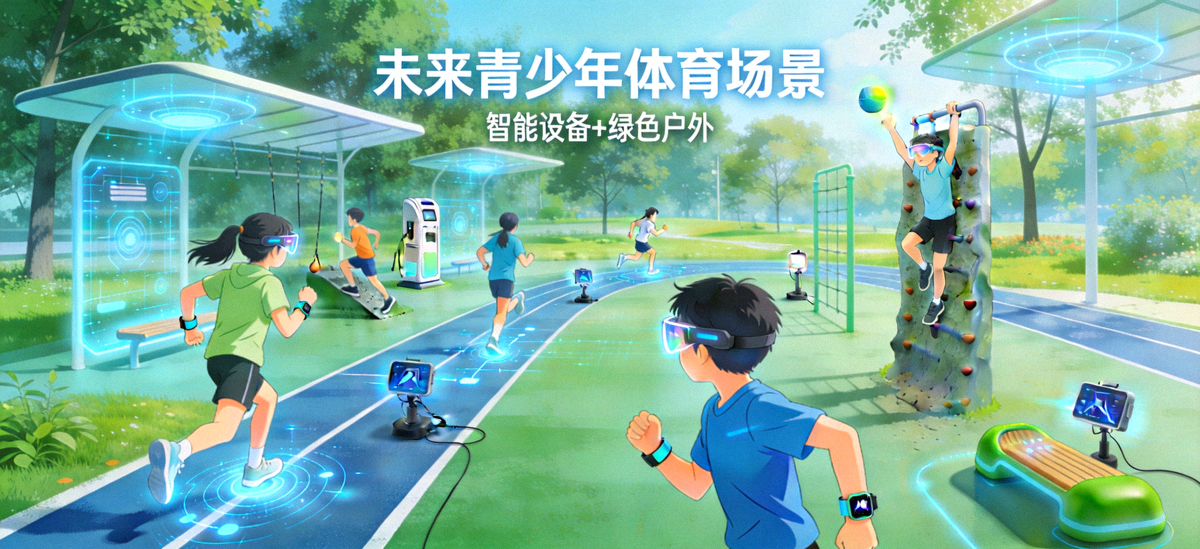 未来青少年体育场景构想图，融合智能设备与绿色户外运动空间