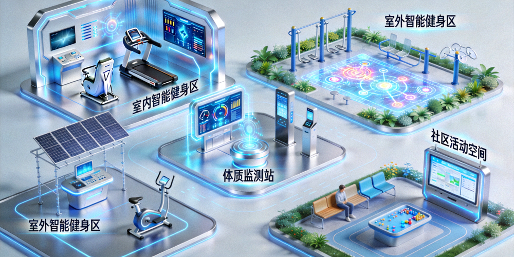 未来智慧社区体育中心概念图，包含室内外智能健身区、体质监测站和社区活动空间