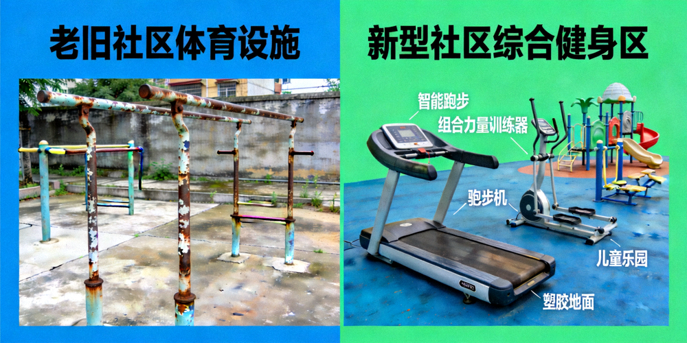 新旧社区体育设施对比图，左侧为老旧单一器械，右侧为新型综合健身区