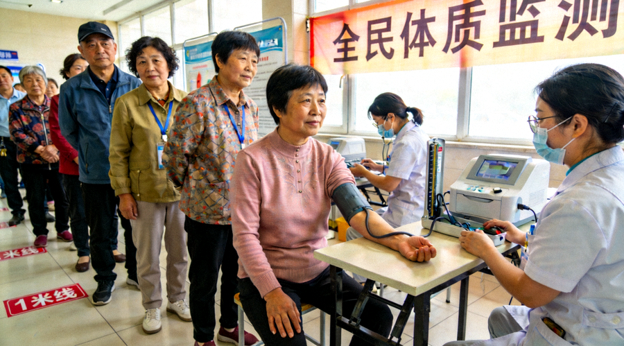 全民体质监测活动现场，市民有序排队接受包括血压、体脂、握力、柔韧性在内的多项健康指标检测