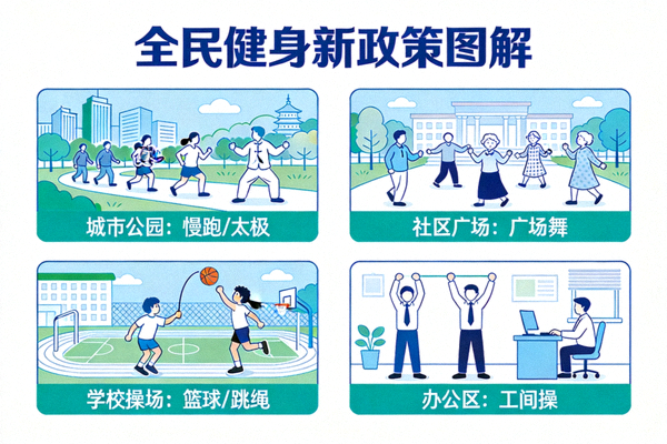 全民健身新政策图解：展示城市公园、社区广场、学校操场和办公区等多场景下的民众健身活动示意图