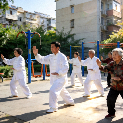 社区居民在健身广场跟随指导员学习太极拳