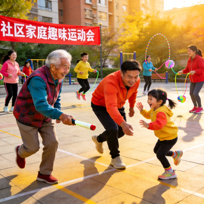 社区组织的家庭趣味运动会中，三代同堂参与比赛的欢乐场面