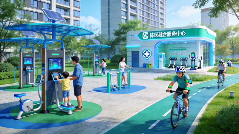 未来社区体育场景概念图：智能健身设施、家庭运动互动、绿道骑行人群、体医融合服务中心和谐共存的画面
