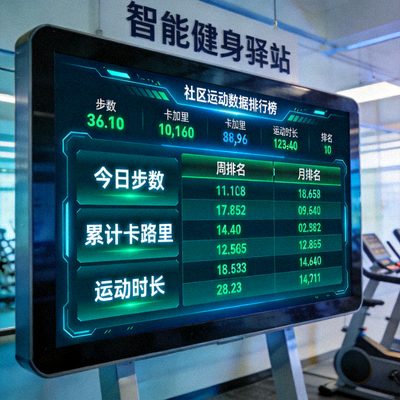 智能健身驿站的大屏幕显示居民的运动数据与排名