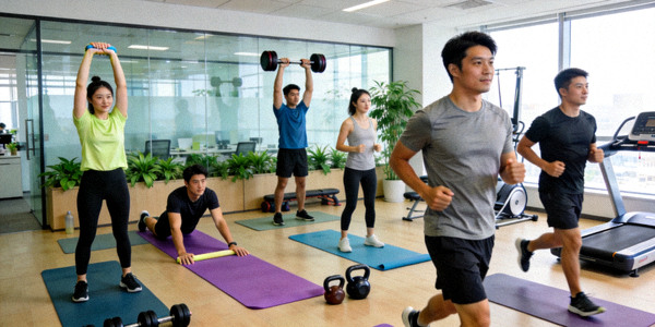 企业员工在办公区旁的健身空间进行集体锻炼活动