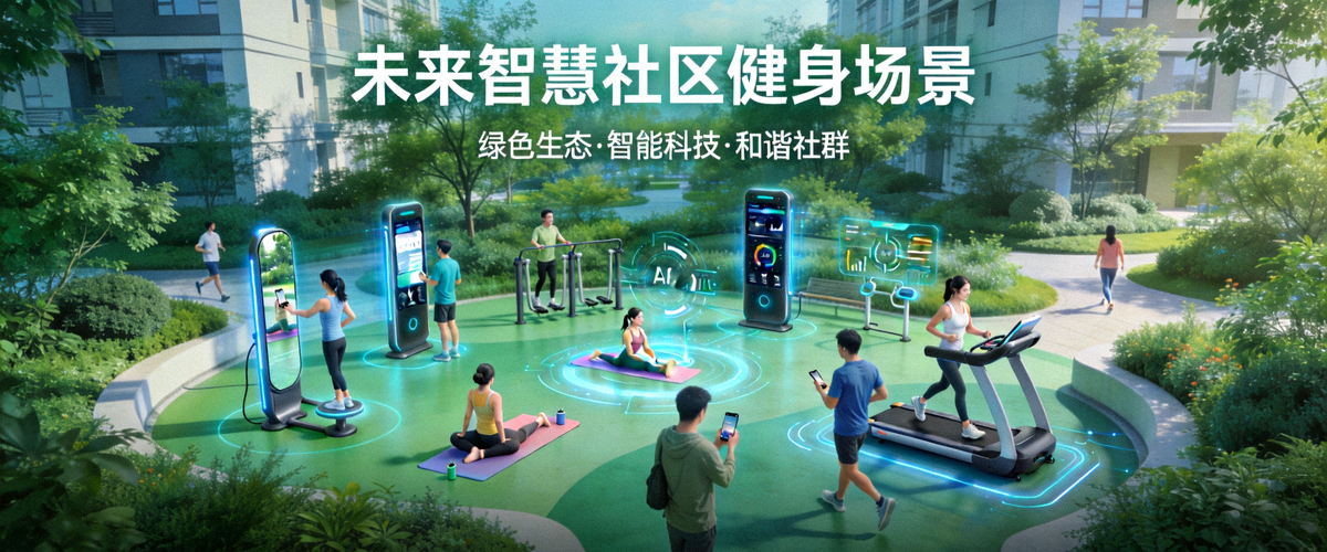 未来智慧社区健身场景概念图，融合绿色生态、智能科技与和谐社群活动