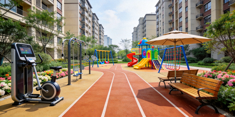 现代化社区健身广场全景，包含智能健身器材、儿童游乐区和休闲座椅