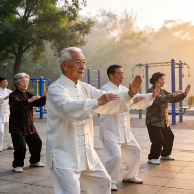 老年朋友们在清晨的广场上练习太极拳，动作舒缓整齐