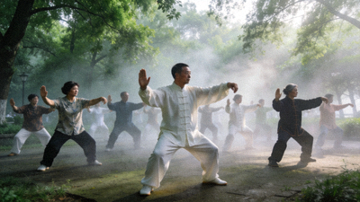 清晨公园里，众多市民在绿树环绕下练习太极拳，动作整齐划一